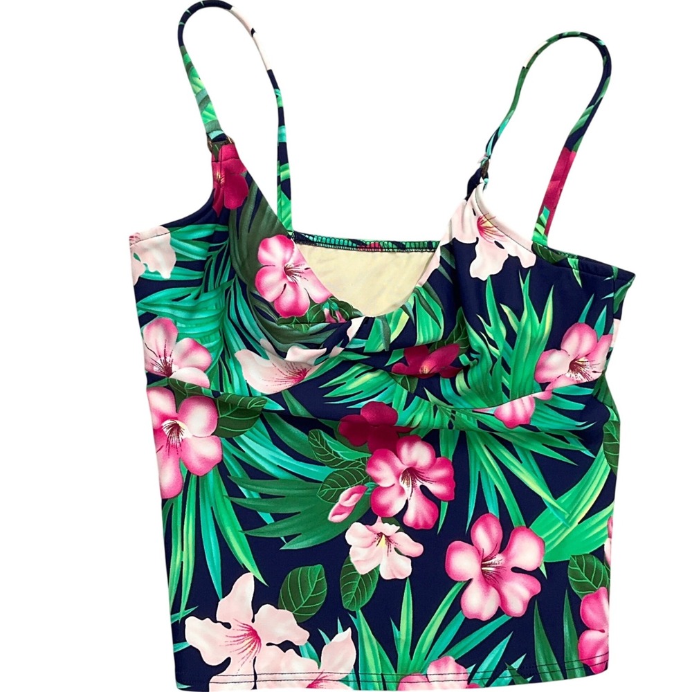 Lands' End‎ Tankini Top Women 10 Blue Pink Floral Tropical Swim Top Resort Beach